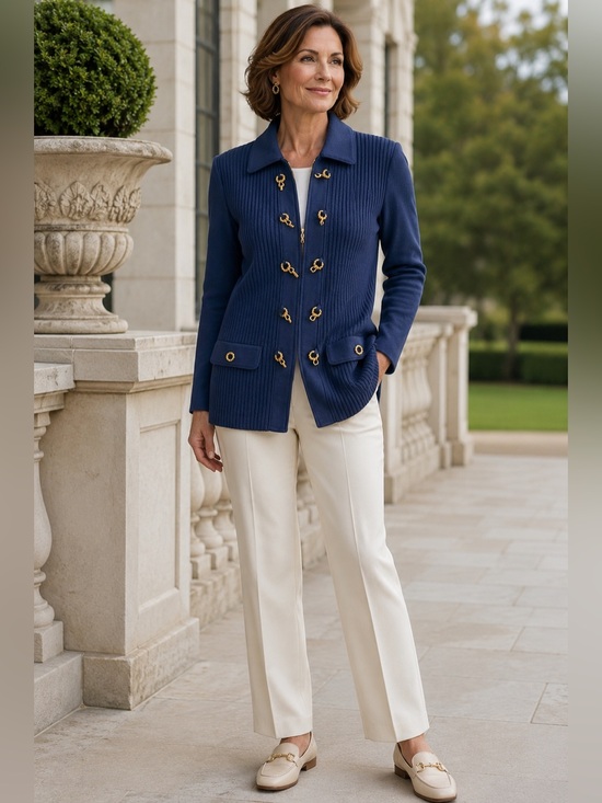 St. John Collection Jackets & Blazers - Vintage St John Collection Marie Gray Navy Knit Jacket Gold Hardware Sz 12